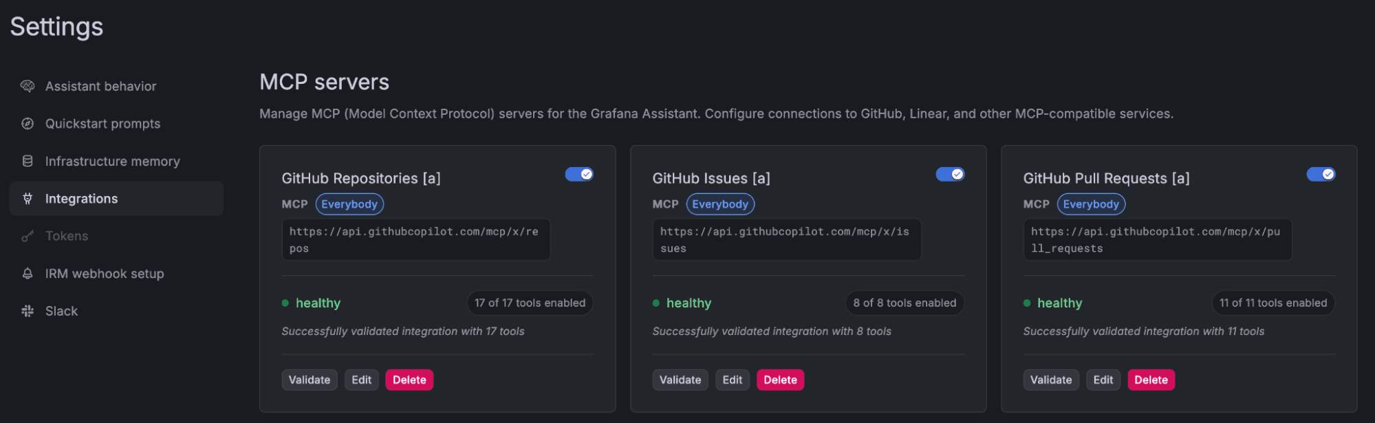 Settings page for MCP servers displaying sections for GitHub Repositories, Issues, and Pull Requests, each with validation and edit options.