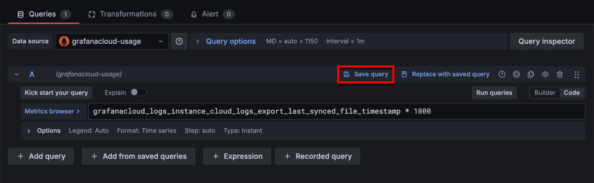 Screenshot of a Grafana Cloud interface showing a query editor with a query in progress. A "Save query" button is highlighted in red.