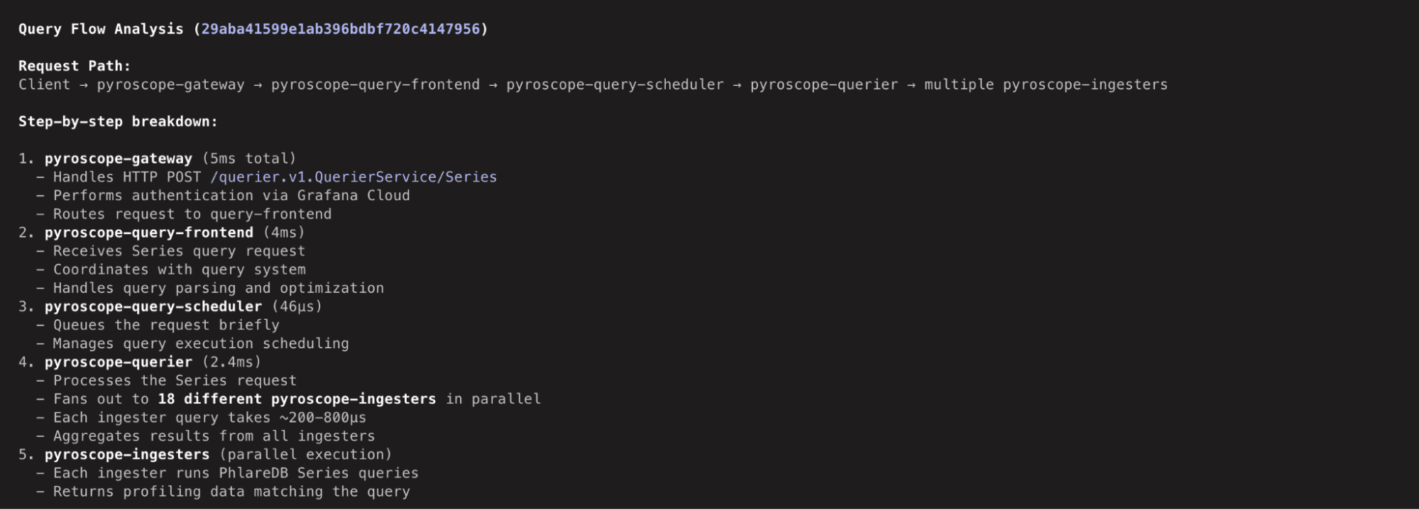 Flow analysis diagram showing a step-by-step breakdown of query path.