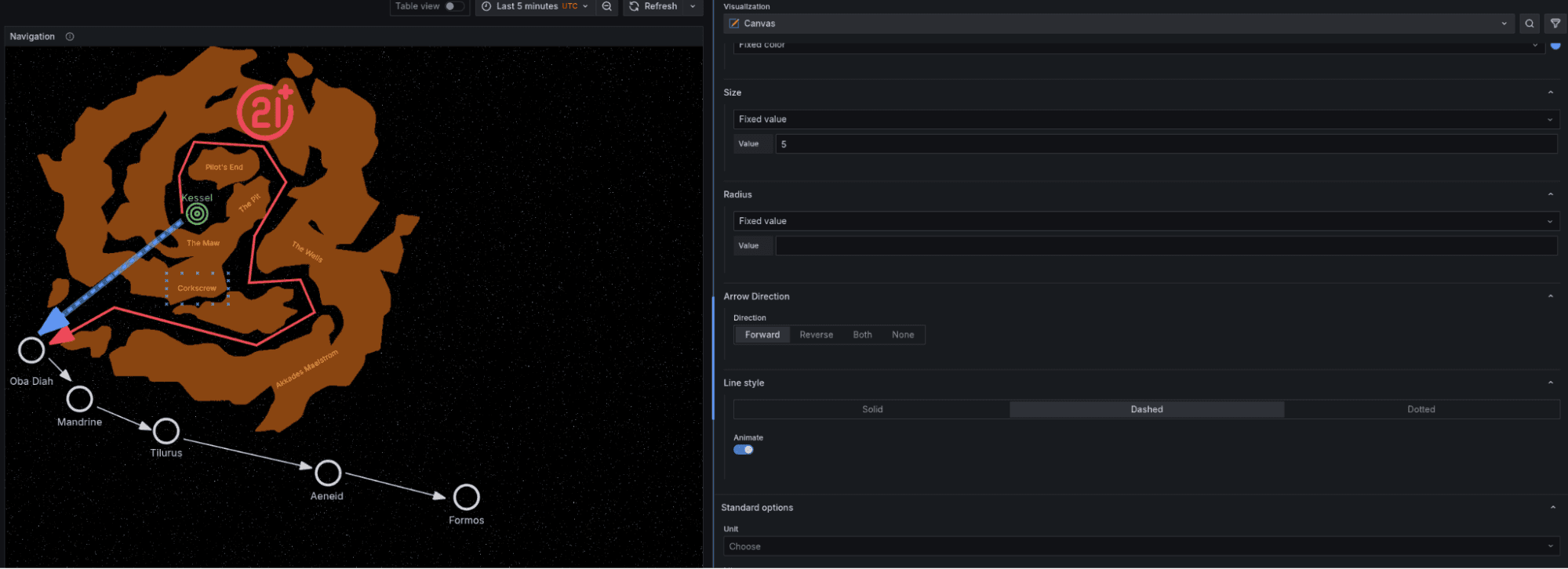 A space-themed interface with a map of celestial paths, labeled nodes, and adjustable settings on the right for size, radius, and line style.