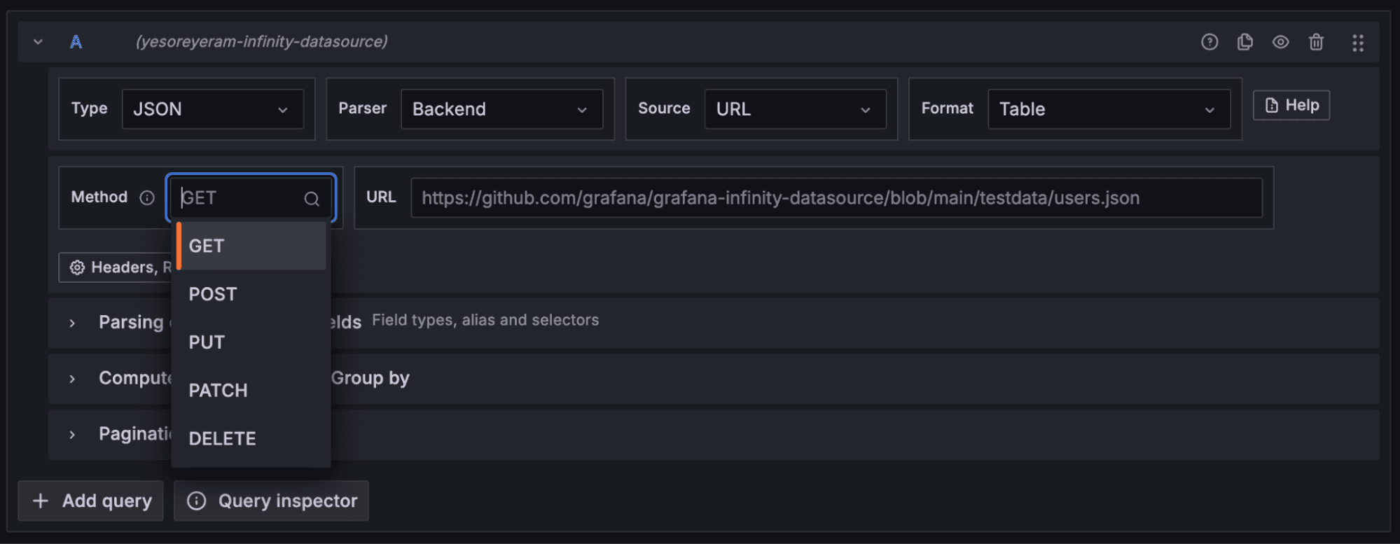 A screenshot of a dropdown menu with HTTP methods: GET, POST, PUT, PATCH, DELETE.
