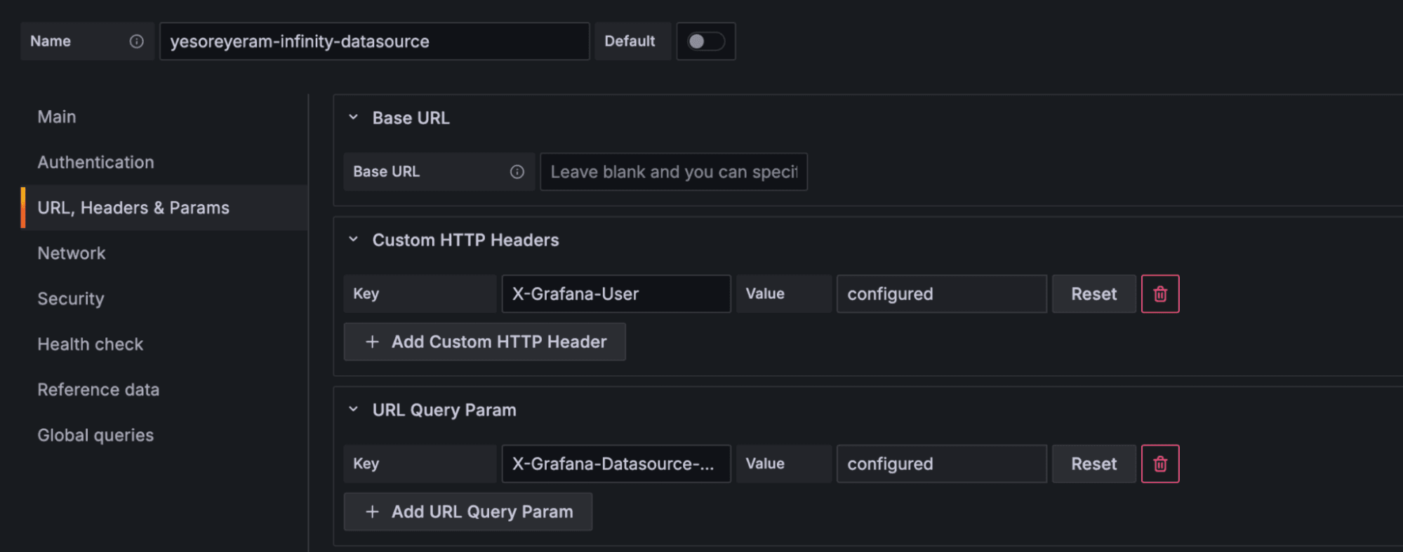 A screenshot of a settings page for configuring the Infinity data source, showing options for HTTP headers and query parameters with "configured" status and reset buttons.