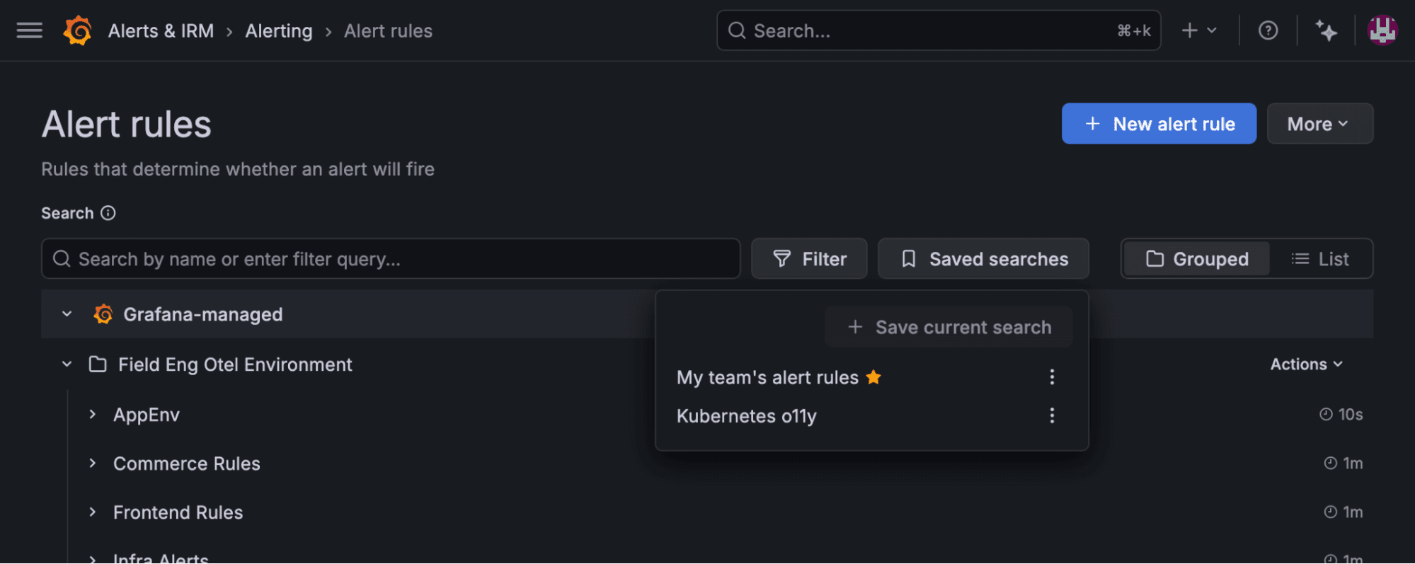 Grafana Alerting UI showing "Alert rules" for managing alerts. Features a search bar, "New alert rule" button, and a saved searches dropdown.