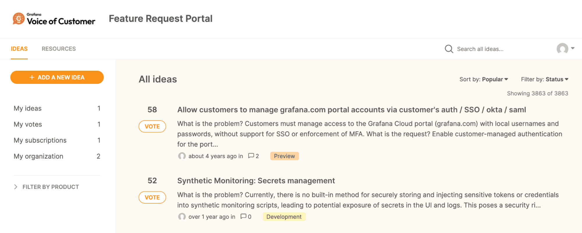 A screenshot of the new Voice of Customer portal.