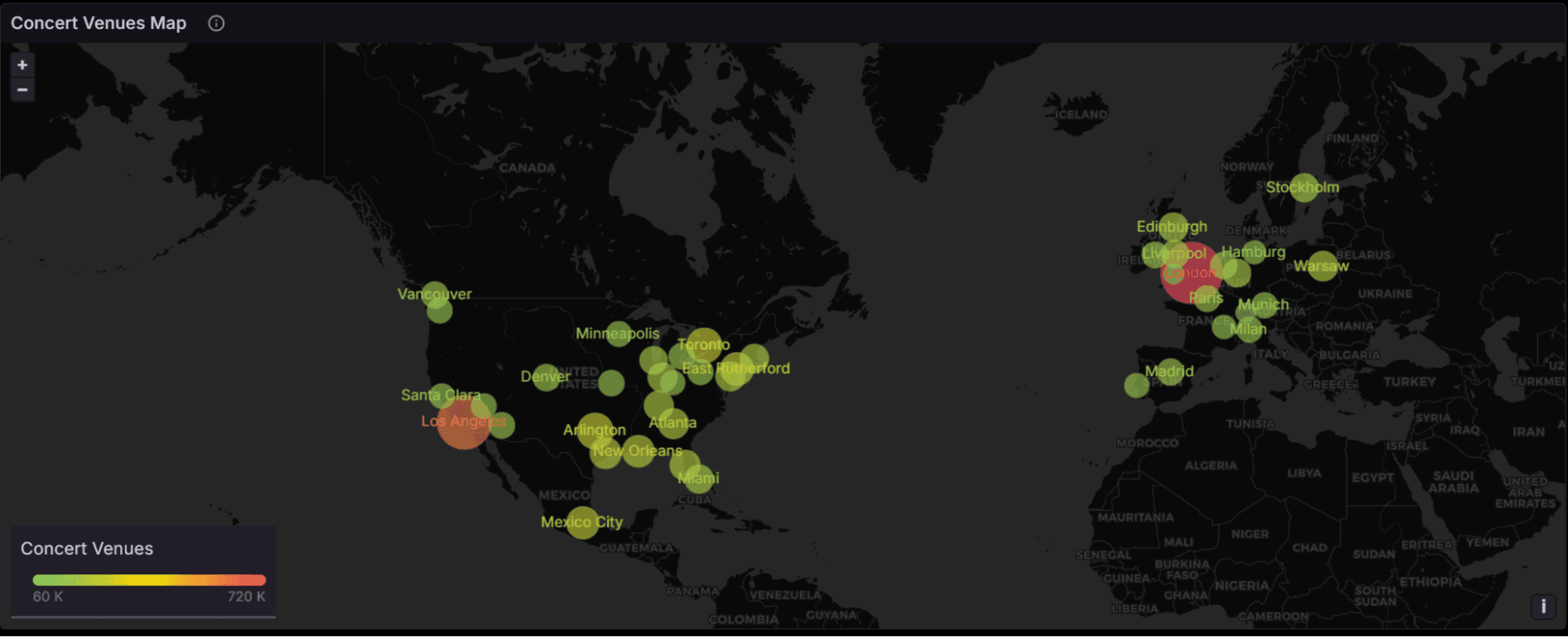 A geomap panel from the third tab of the Taylor Swift dashboard, showing concert locations and attendance numbers for the Eras Tour.