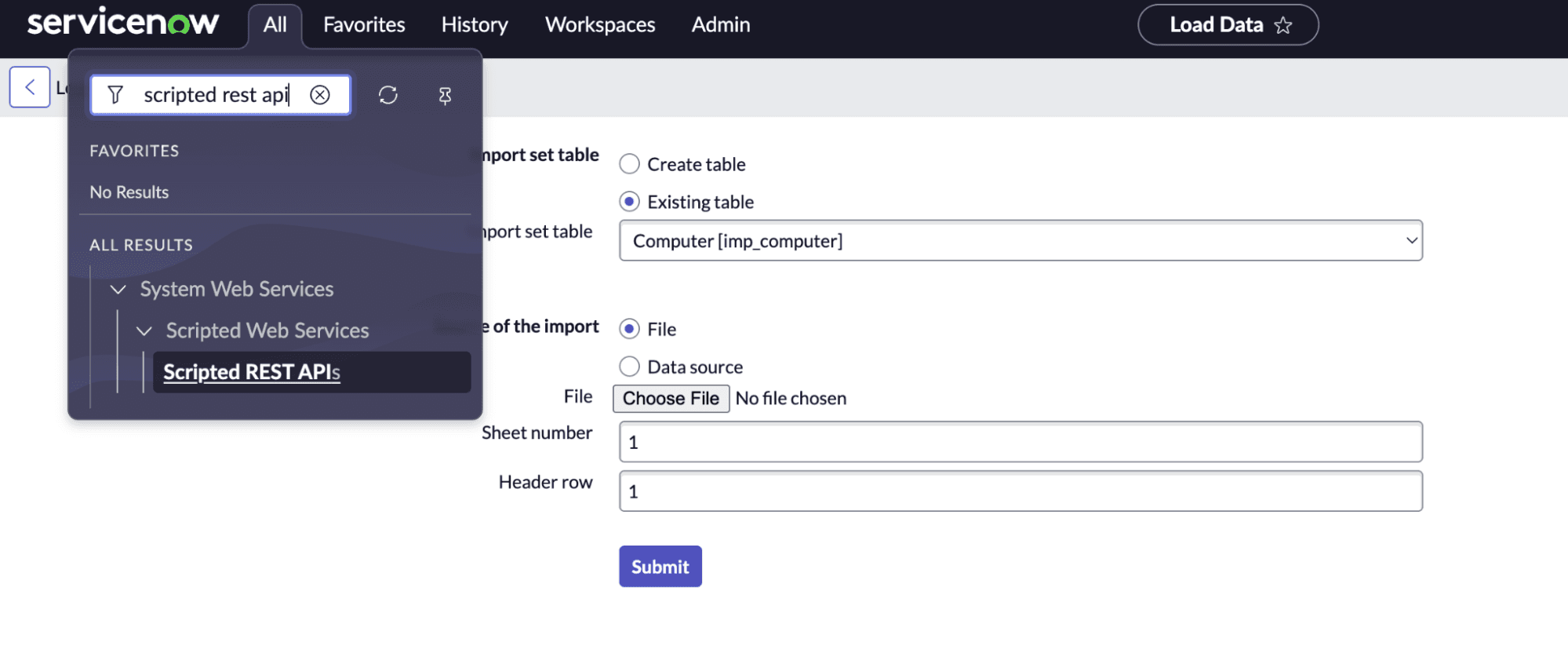 A menu search for 'scripted rest api' in ServiceNow