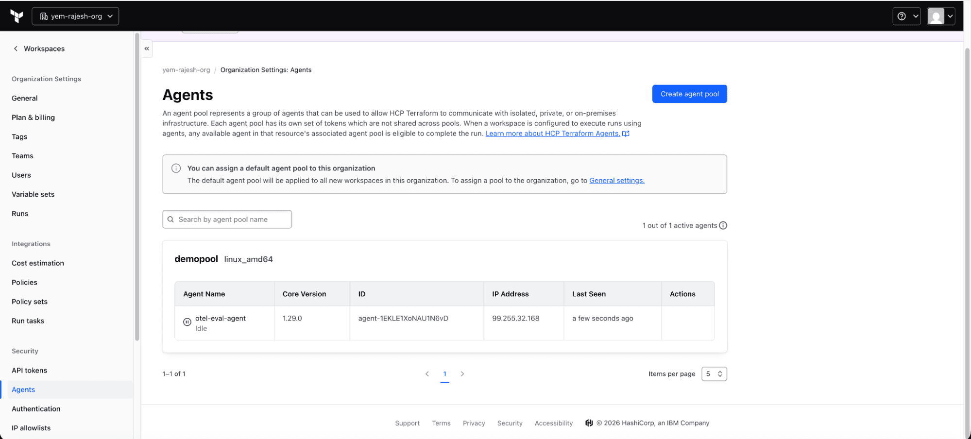 The HCP Terraform Agents page showing the agent pool with one active agent