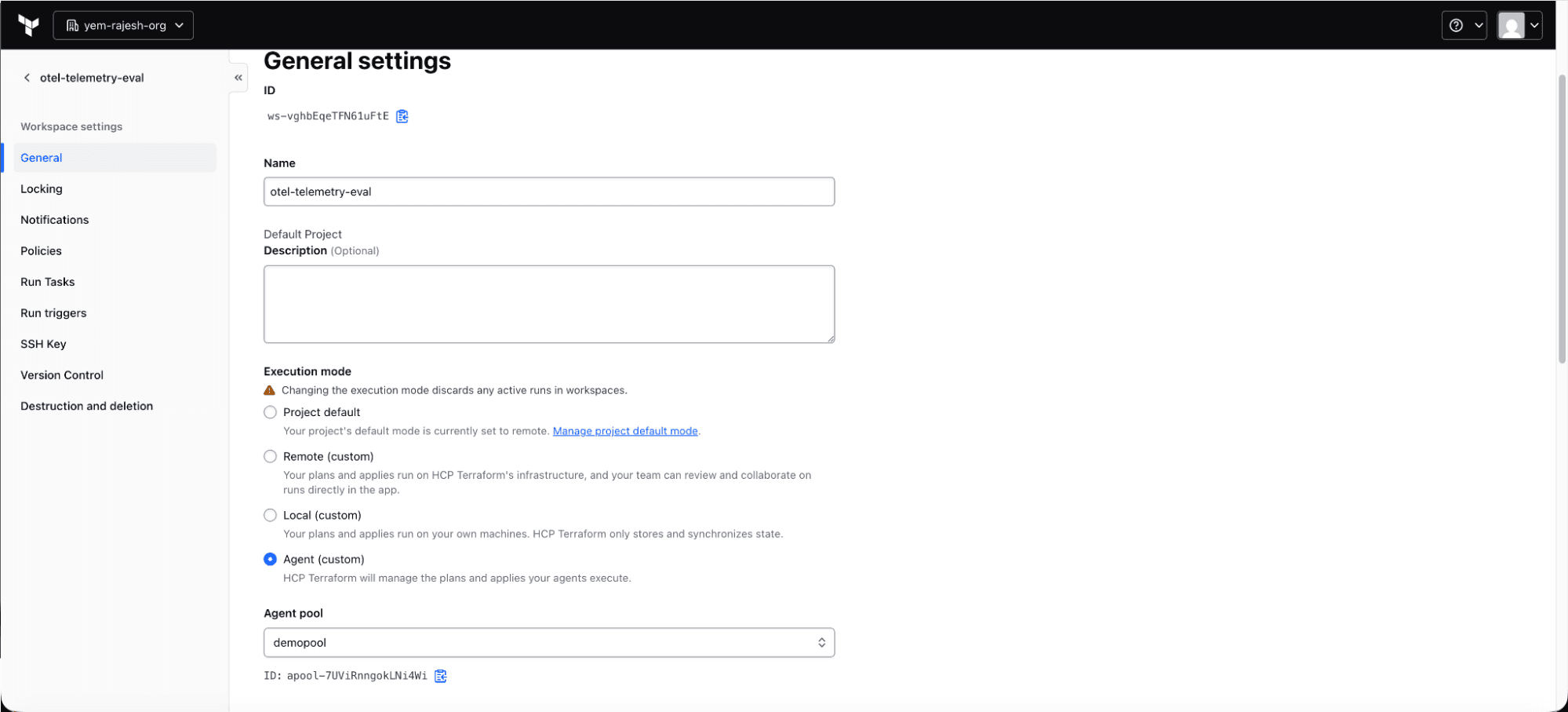 HCP Terraform workspace general settings with execution mode set to Agent and agent pool set to demopool (user defined name).