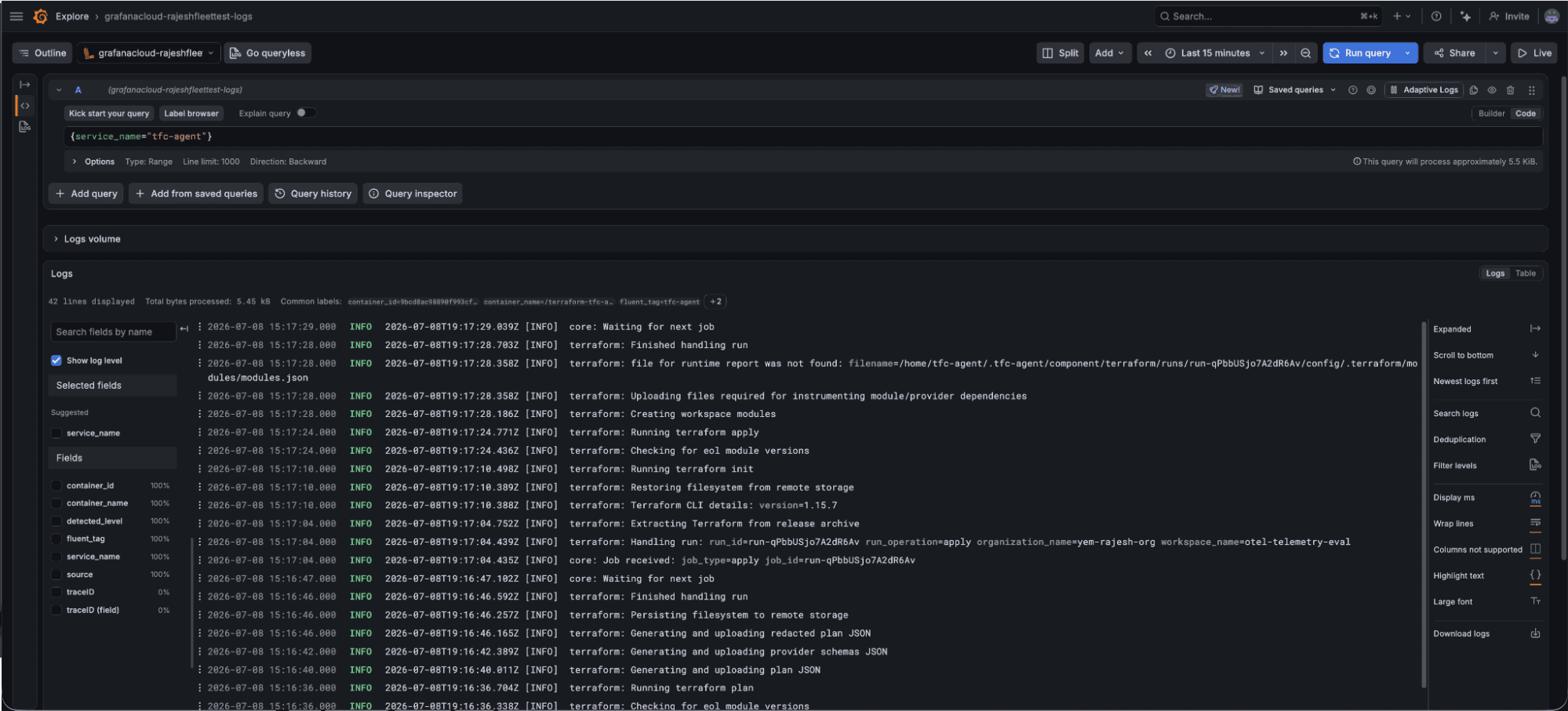 Grafana Explore logs view showing tfc-agent run logs including Handling run, Running terraform init, Running terraform apply, and Finished handling run, with service_name labels