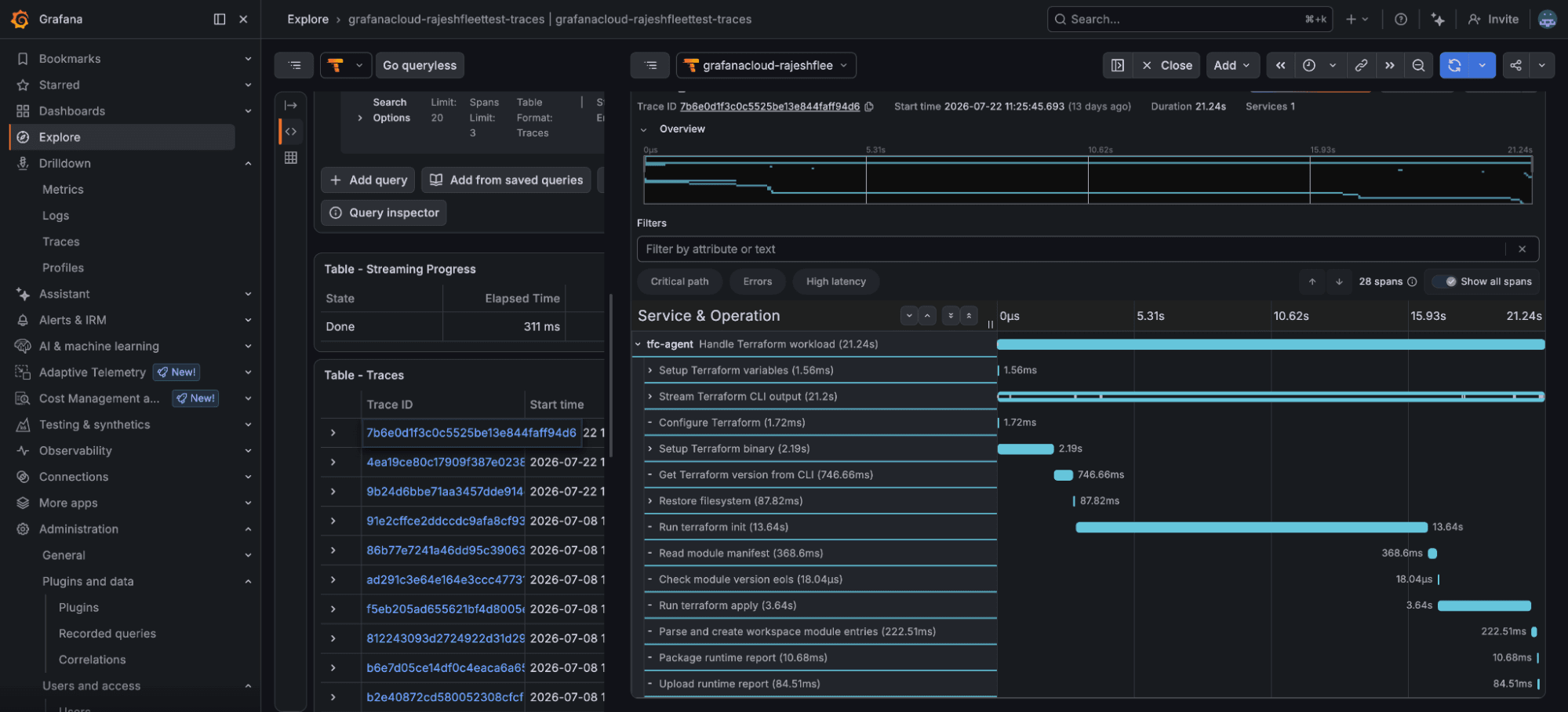 Grafana Explore traces view listing traces for service tfc-agent, each named Handle Terraform workload, with trace IDs, start times, and durations
