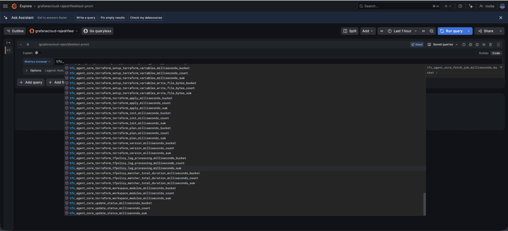 Grafana metrics browser listing tfc_agent_core metrics including terraform_apply, terraform_init, terraform_plan milliseconds histograms, and fetch_job milliseconds