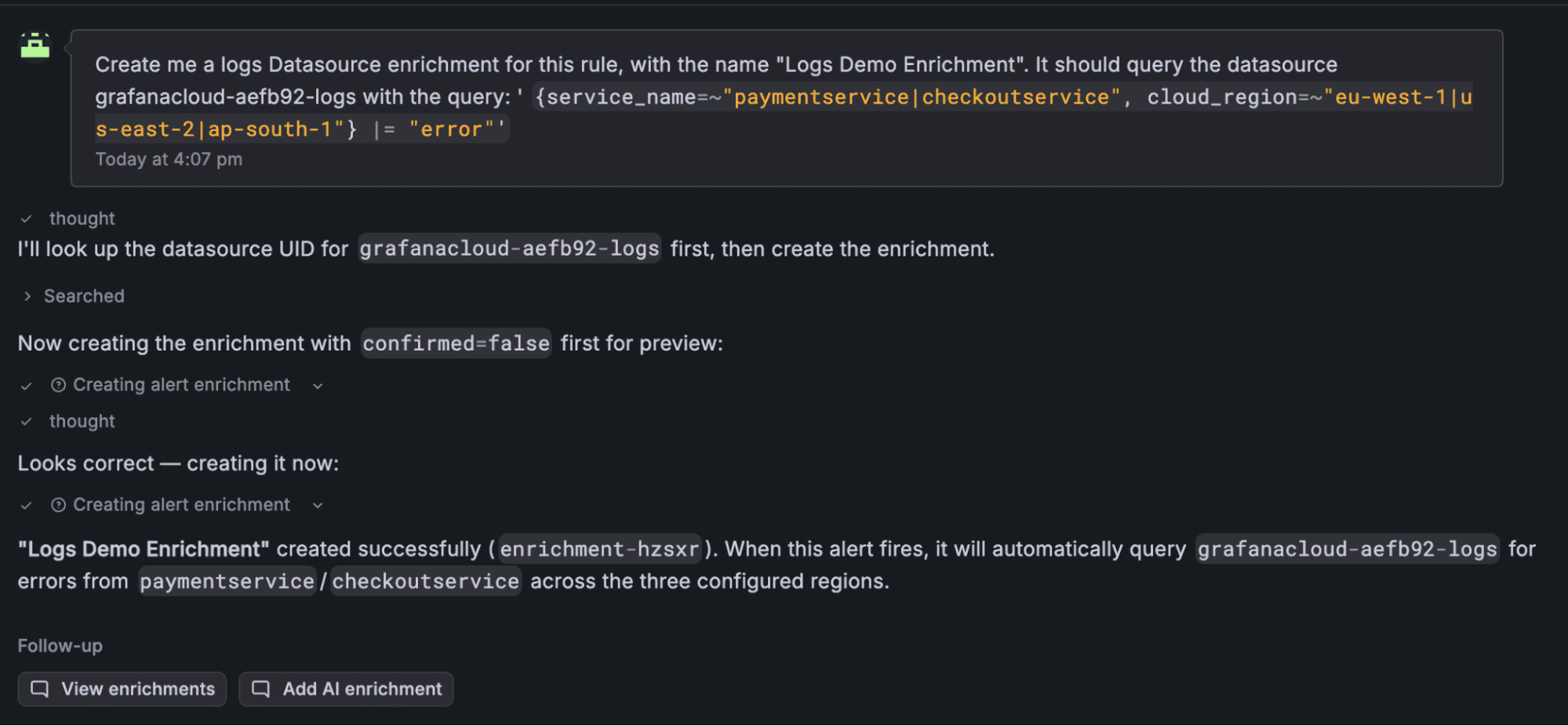 Grafana Assistant used to create an enrichment with natural language
