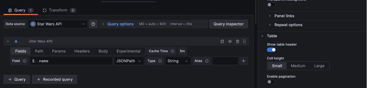 Additional fields are added to the query in Grafana, including the field name and cache type.