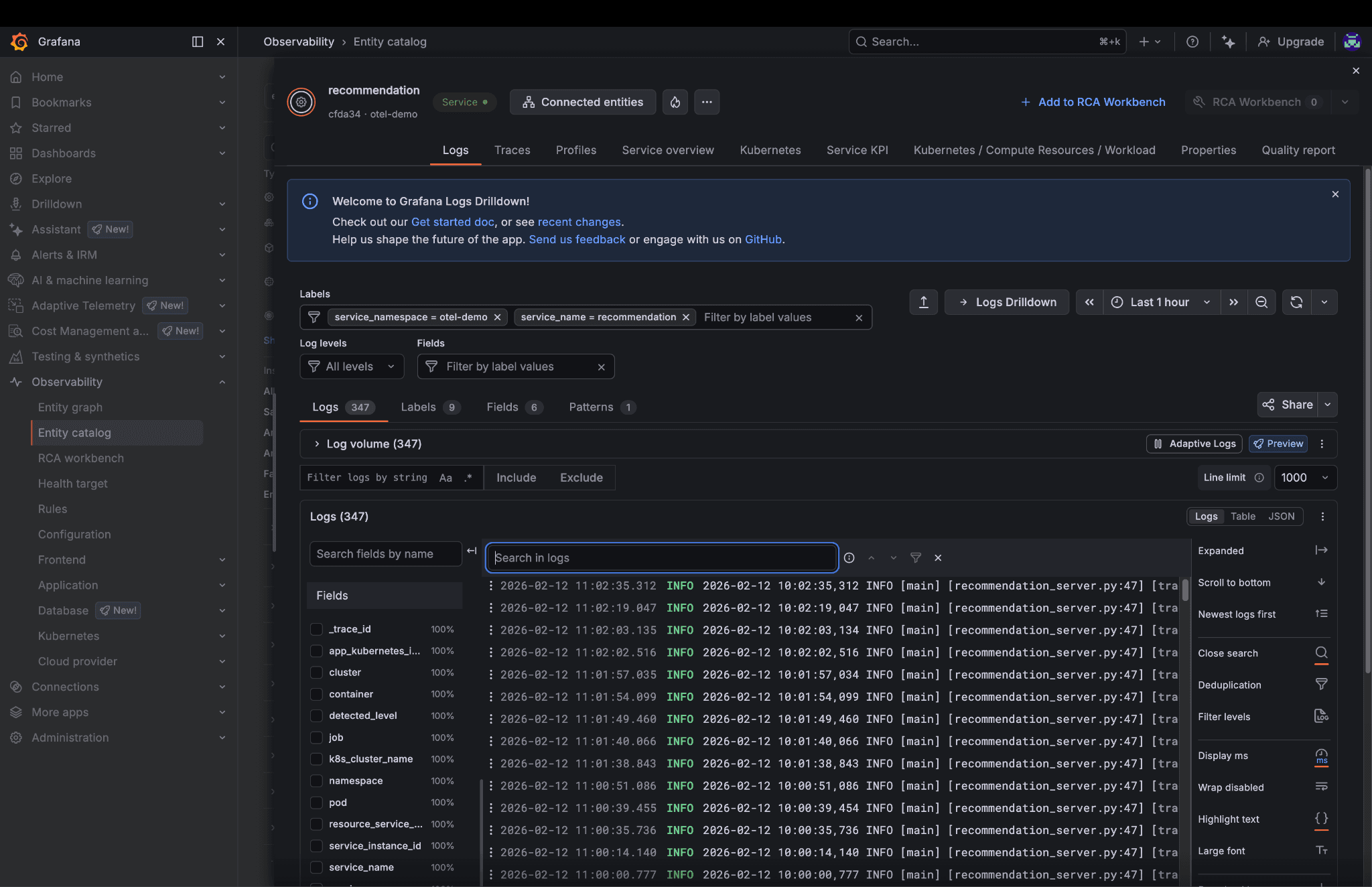 A screenshot of the logs tab within the entity catalog in Grafana Cloud.