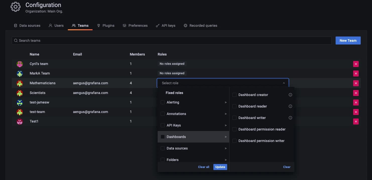 Screenshot of RBAC in Grafana.