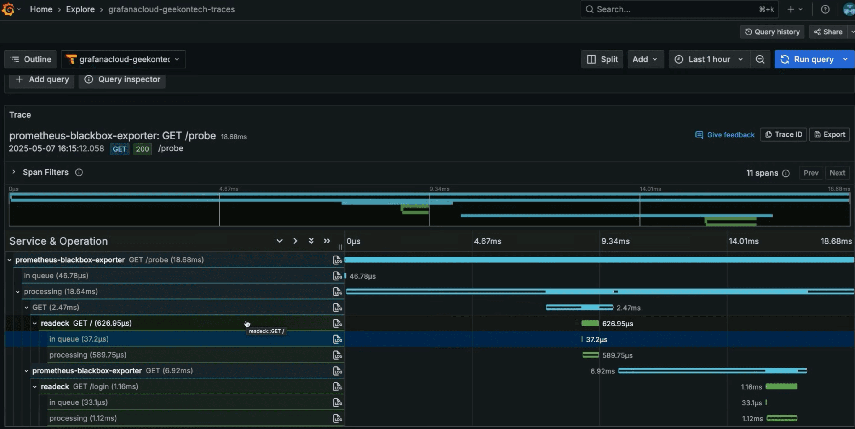 A software trace interface showing a timeline with various colored bars, indicating different processes and their durations.
