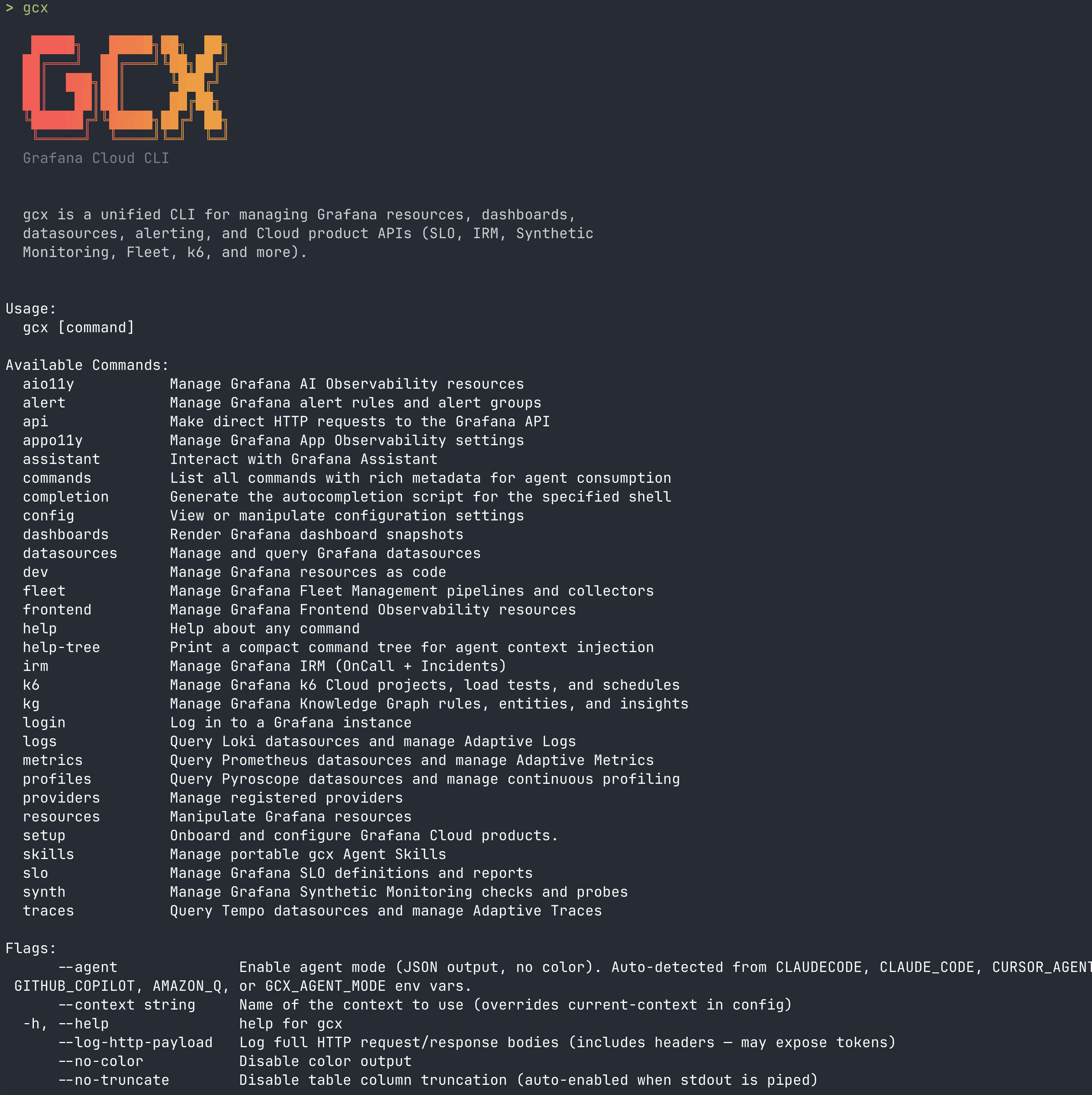 A screenshot of the gcx CLI, including a list of available commands