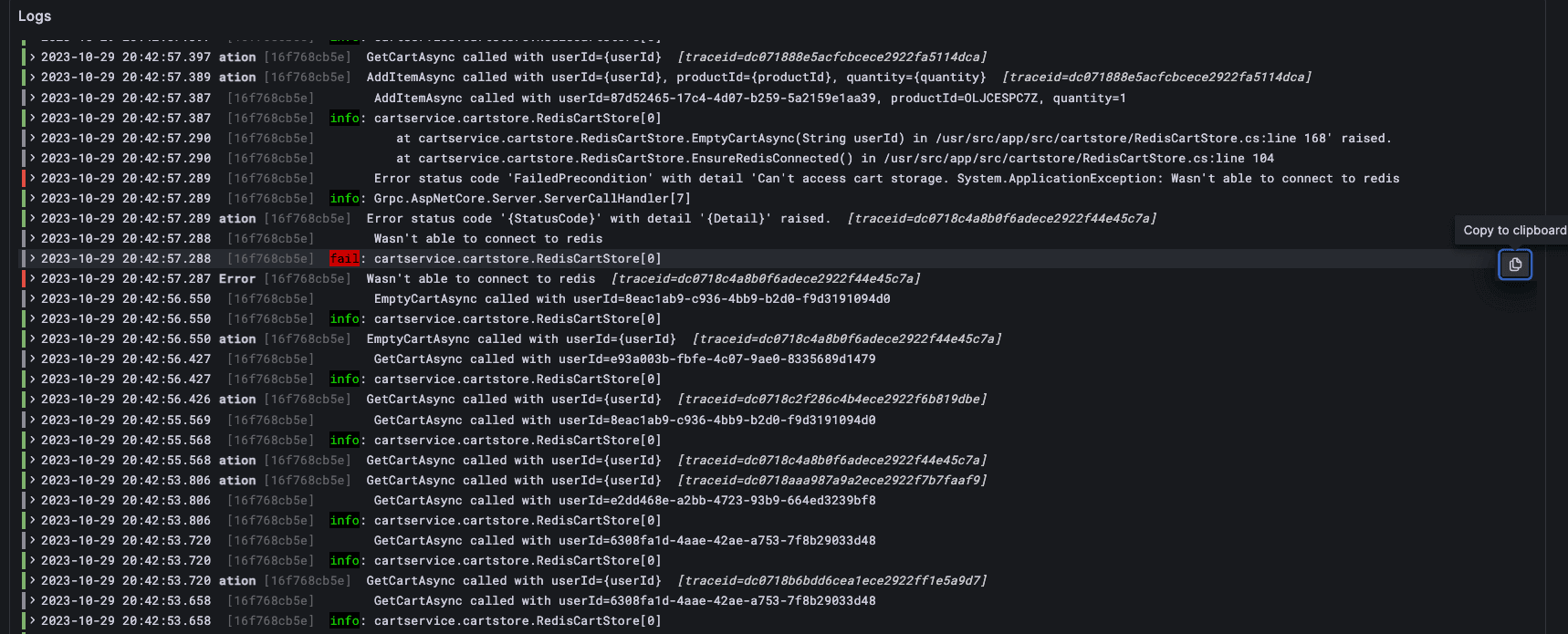 A screenshot of a logs view.