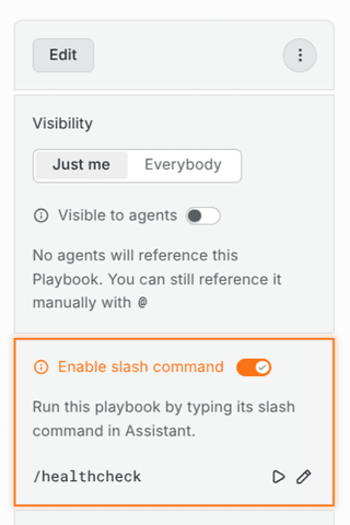 Settings panel with options for visibility, agent reference, and a toggle to enable a slash command for "/healthcheck" in an assistant.
