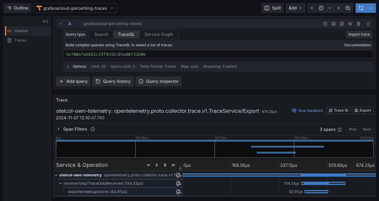 A screenshot of a TraceQL query in Grafana Cloud