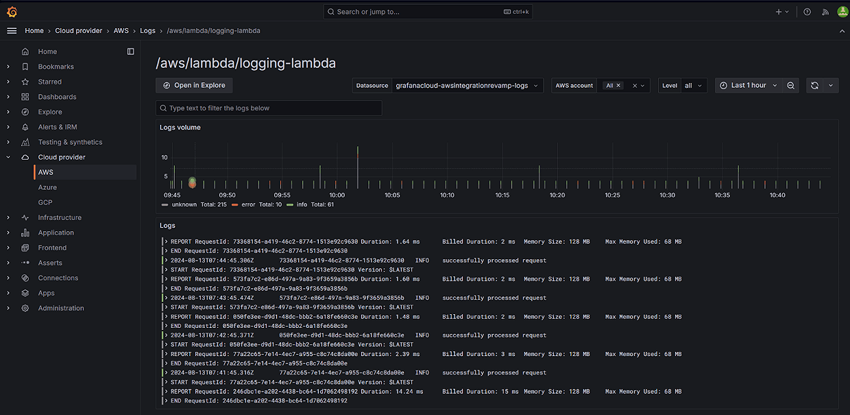 A screenshot of AWS Lamda logging in Cloud Provider Observability.