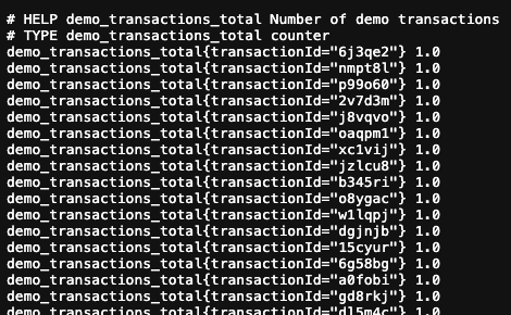 Screenshot of a list showing demo transaction details with IDs and values, formatted in a code-like style.