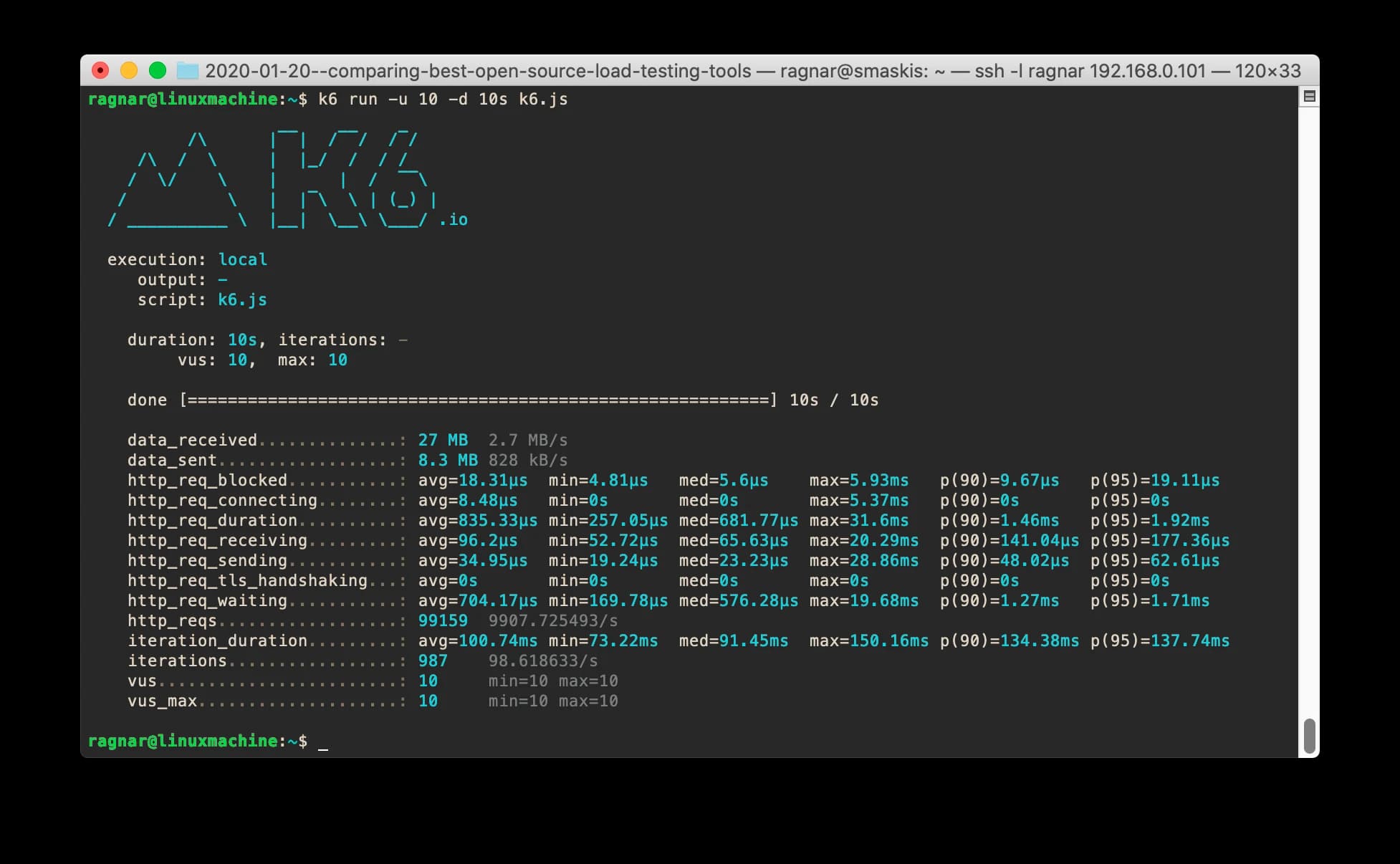 A screenshot of a k6 runtime