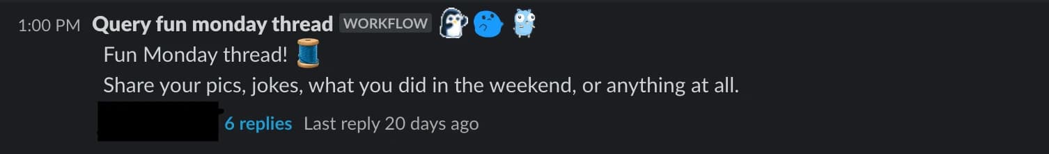 Slack screenshot of fun Monday thread.
