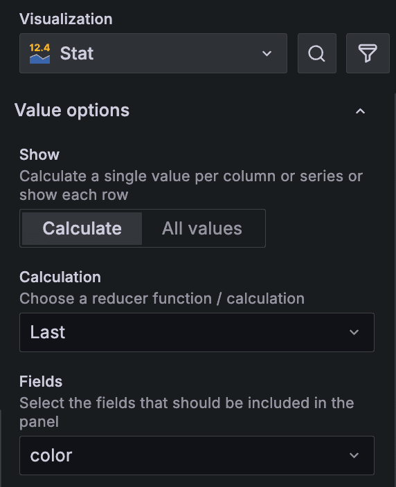 Grafana Cloud interface showing visualization options with a dropdown for "Stat," calculation settings, and a "Calculate" button for data analysis.