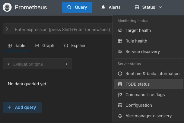 Prometheus interface showing menu options like "Monitoring status" and "Server status," with no data queried and an "Add query" button.