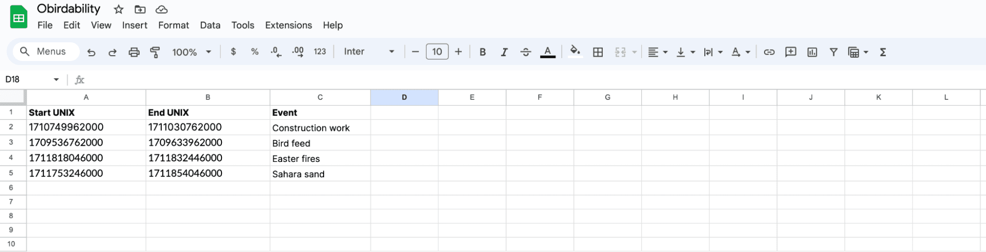 Spreadsheet entries