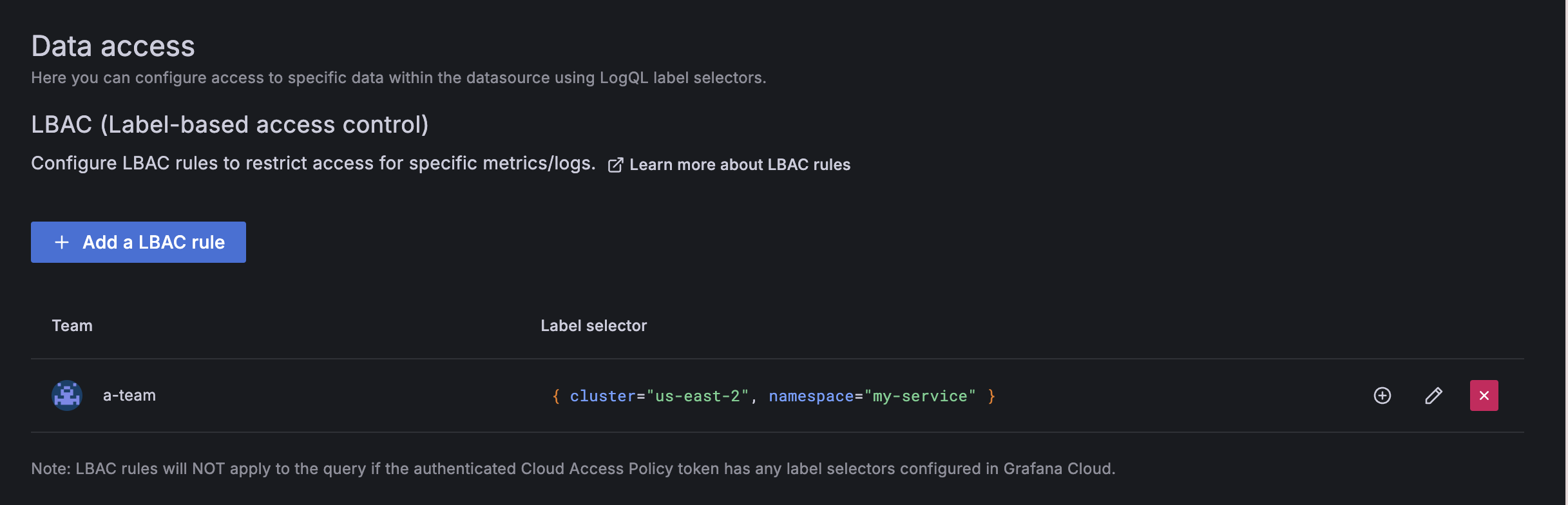 A screenshot showing an option to add a LBAC rule.
