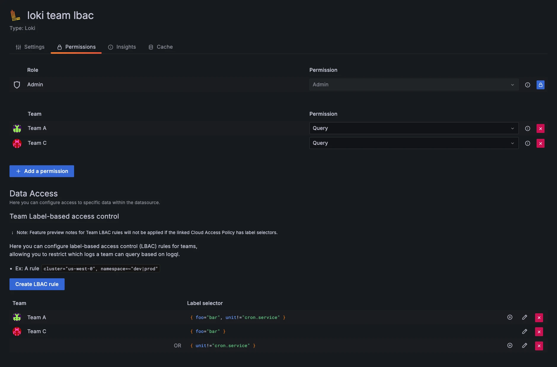 Screenshot of Team LBAC UI in Grafana Cloud Logs