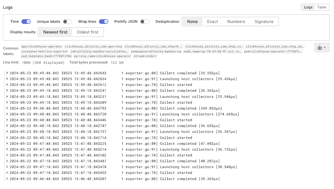 The log entries matching the selector