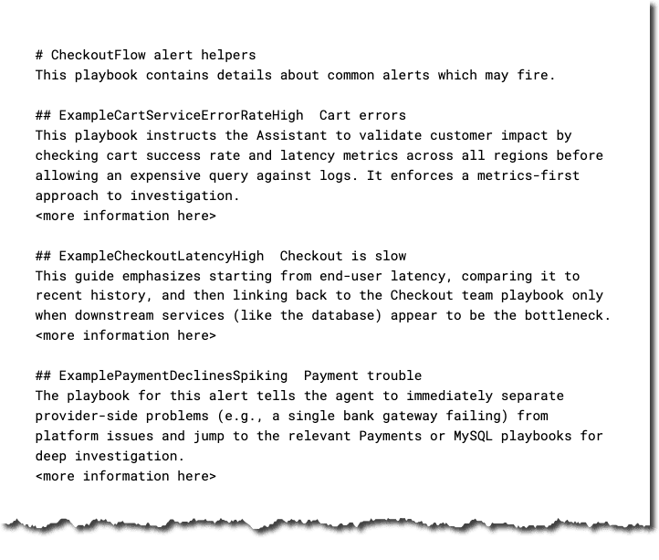 A text document lists playbooks to investigate common errors, focusing on error rates, checkout latency, and payment decline issues in a system.