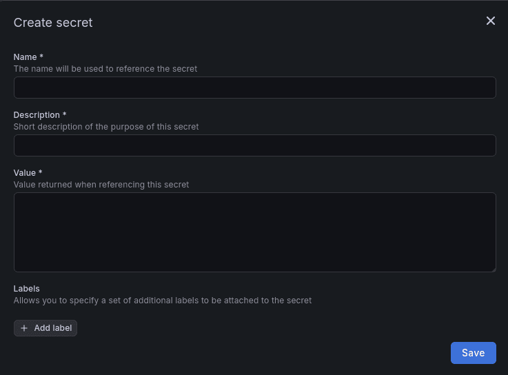 A screenshot of the Grafana Cloud UI for creating a secret. Fields include name, description, value, and labels.