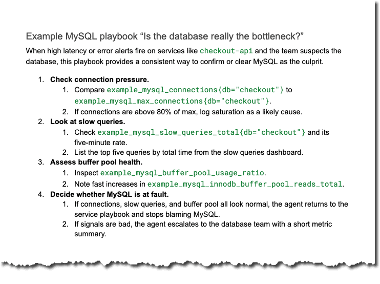 Flowchart titled "Example MySQL playbook." Outlines steps to check database bottleneck issues, including pressure, slow queries, pool health, and restart.
