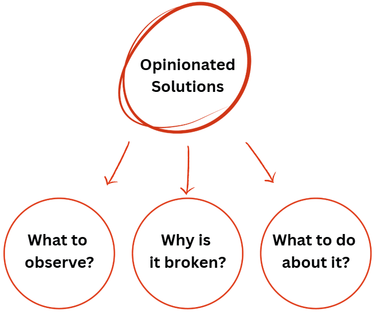 Flowchart with "Opinionated Solutions" leading to three questions: "What to observe?", "Why is it broken?", and "What to do about it?".