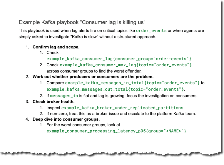 Code snippet showing steps to investigate Kafka consumer lag, including commands to confirm lag, check brokers, and analyze request flow.