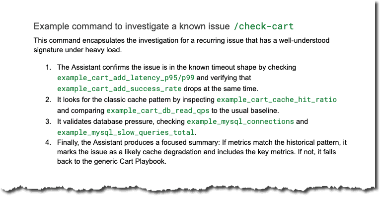 Text document explaining the "/check-cart" command for investigating cart issues, highlighting latency checks, cache patterns, and SQL metrics.