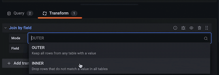 Screenshot of UI for adding inner or outer joins in Grafana 9.2.
