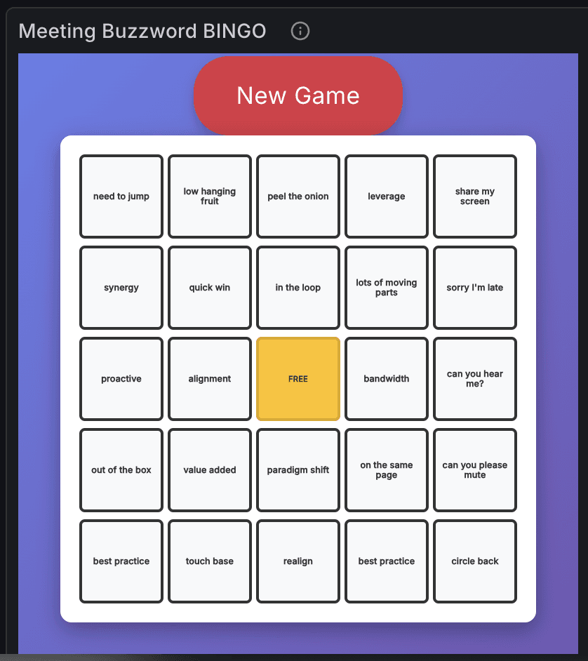 A screenshot of the "Meeting Buzzword Bingo" panel with phrases like "low hanging fruit," "paradigm shift," and "synergy."