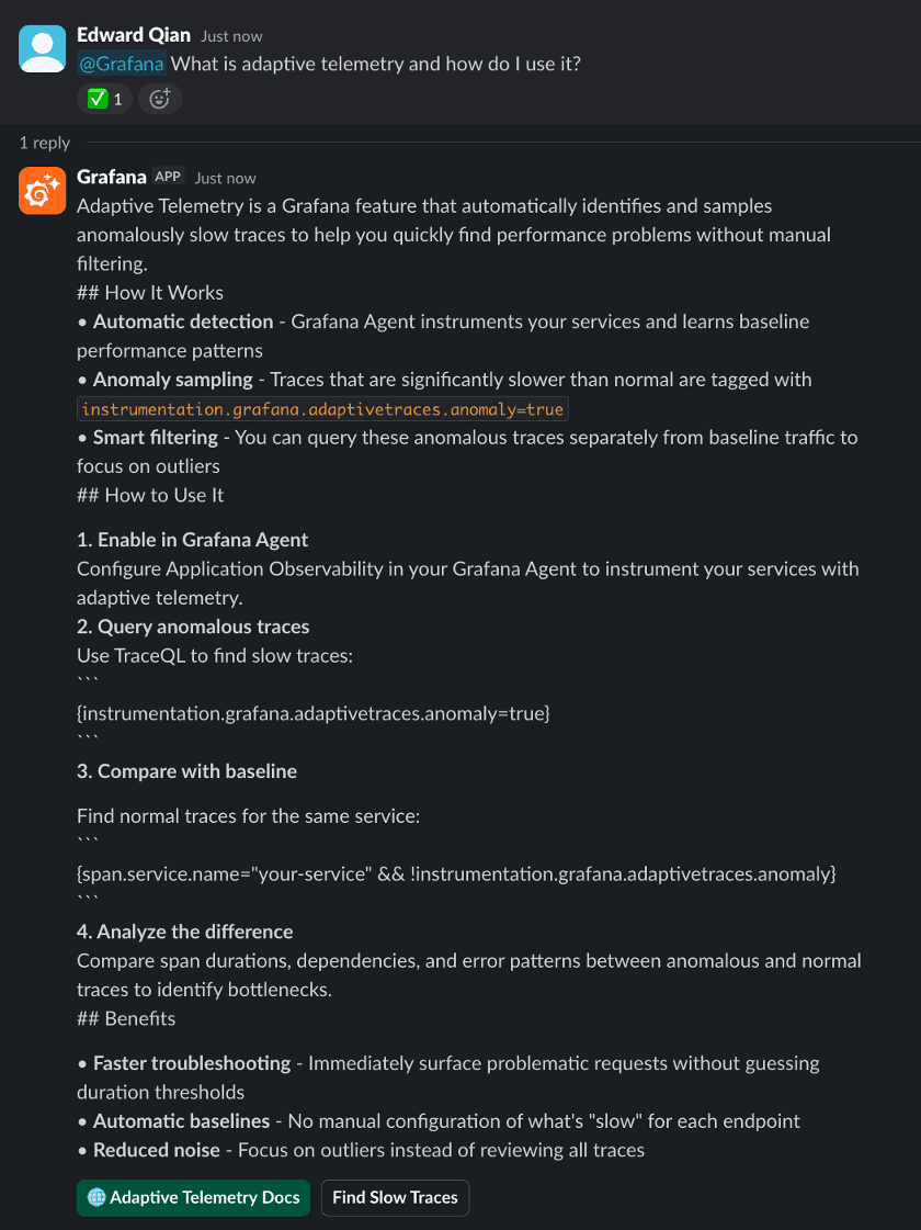 Screenshot of a Slack conversation discussing Adaptive Telemetry, featuring a response from Grafana's API explaining its use and benefits.