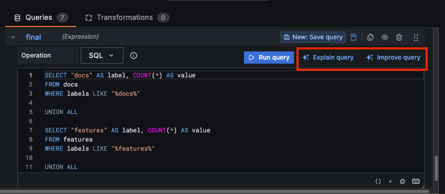 SQL expresions query interface in Grafana with the Explain query and Improve query buttons highlighted