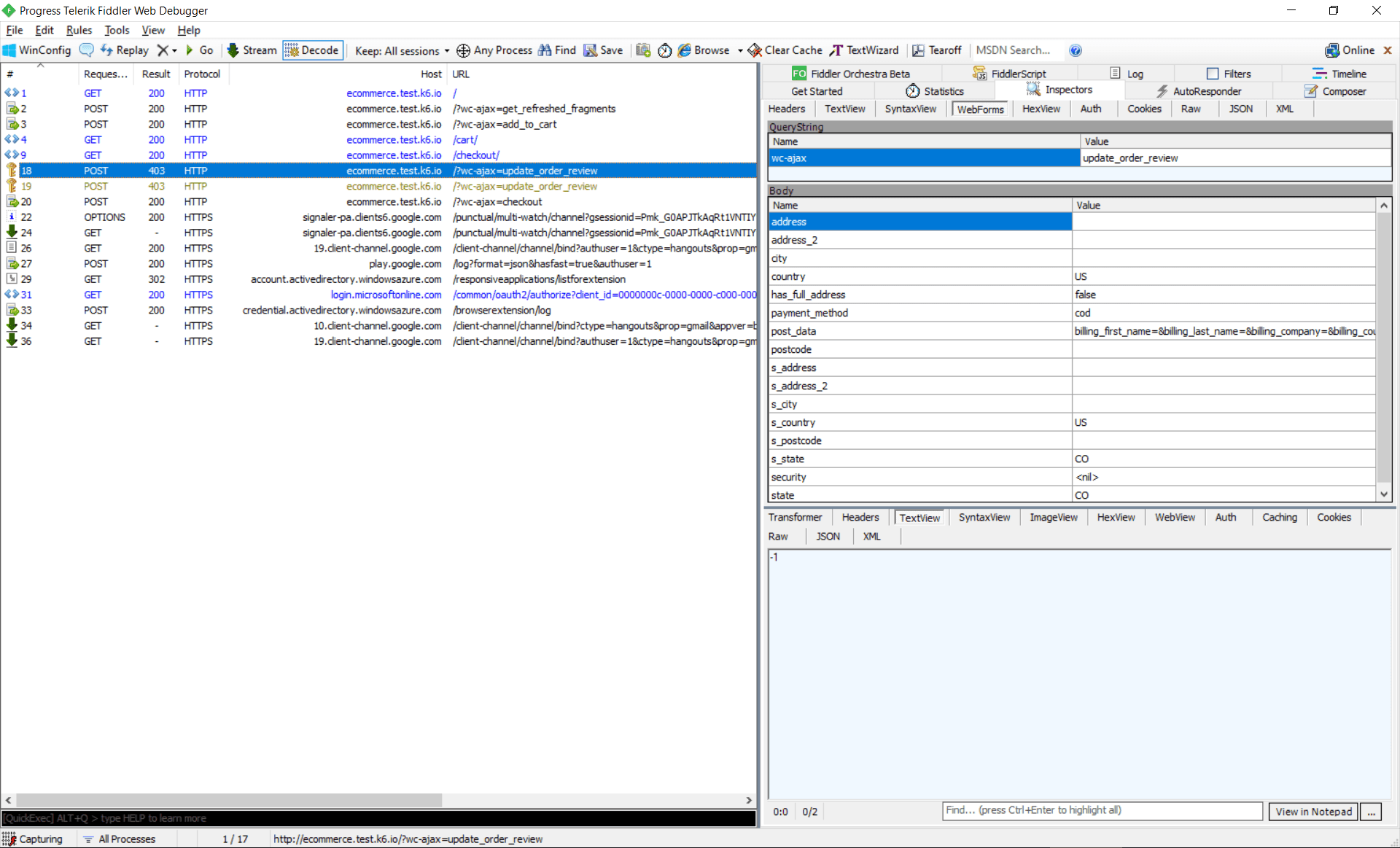 Error response screenshot in Fiddler