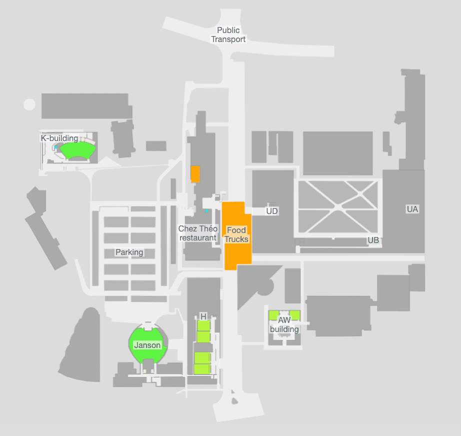 Campus map for FOSDEM 2026 highlighting locations: K-building, Janson, AV building, Chez Théo restaurant, and Food Trucks. Parking and public transport noted.