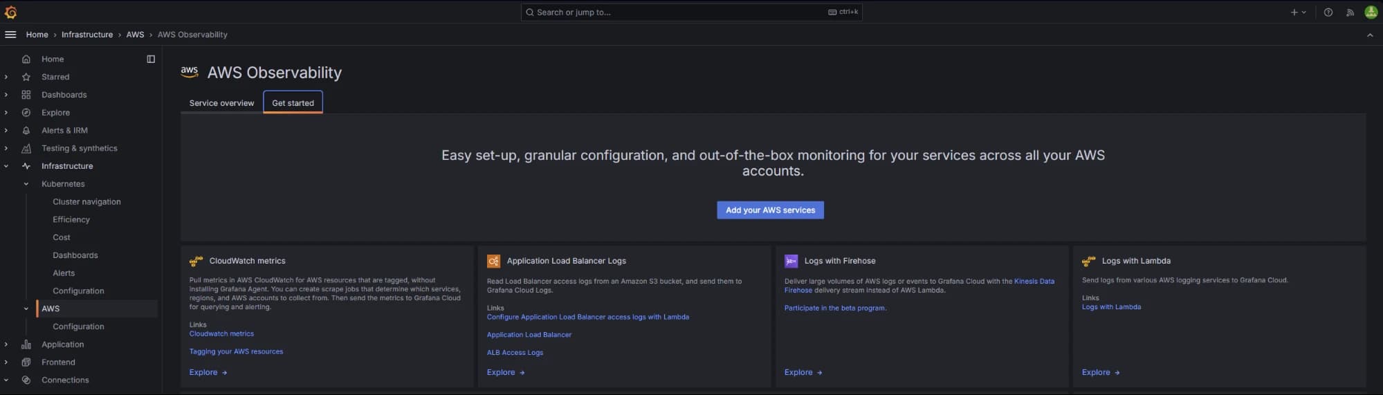 A screenshot of the AWS Observability app homepage