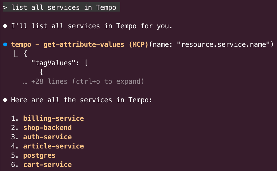 A terminal window displaying MCP server results for a list of services in Tempo, including billing-service, shop-backend, auth-service, article-service, postgres, and cart-service.