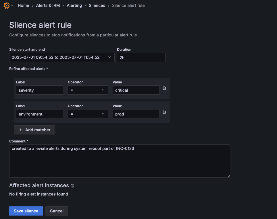Screenshot of a "Silence alert rule" configuration screen in Grafana Alertingwith fields for time, labels, and comments.