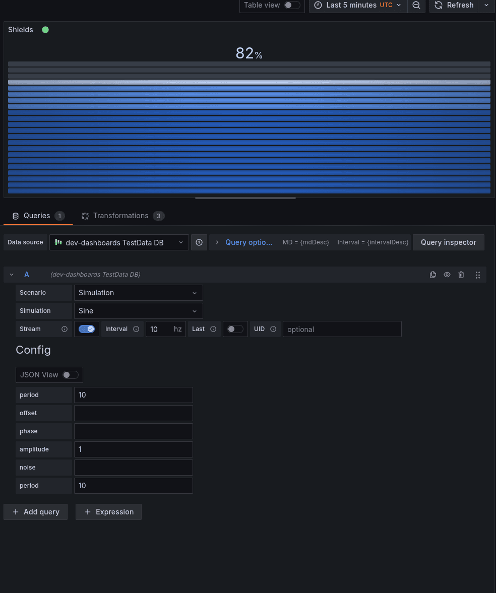 Grafana dashboard interface showing a simulation graph at 82% with configuration settings for period, offset, phase, amplitude, noise, and period.